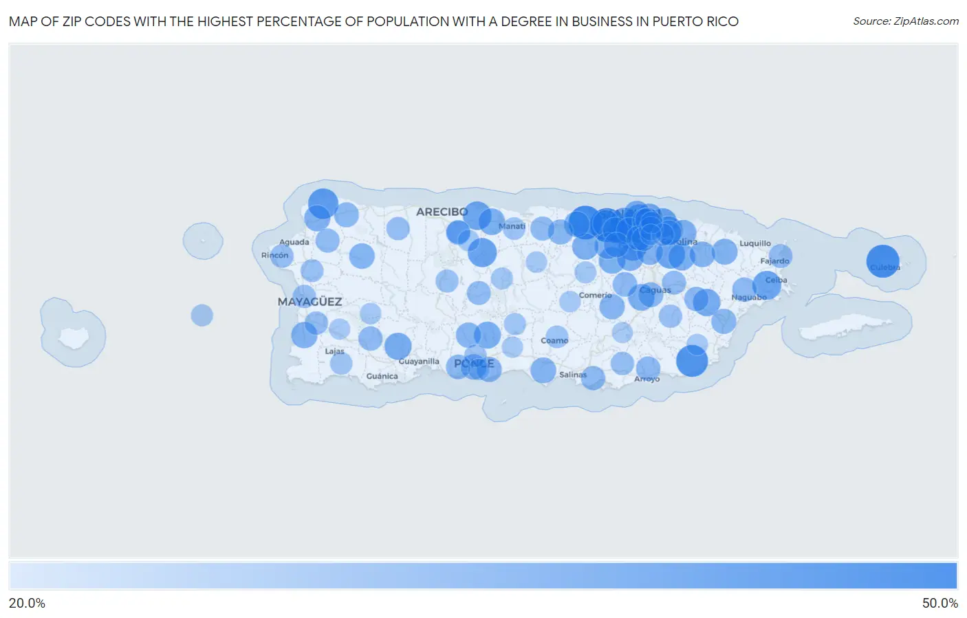 Zip Codes with the Highest Percentage of Population with a Degree in Business in Puerto Rico Map