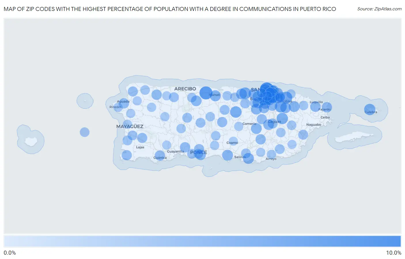 Zip Codes with the Highest Percentage of Population with a Degree in Communications in Puerto Rico Map