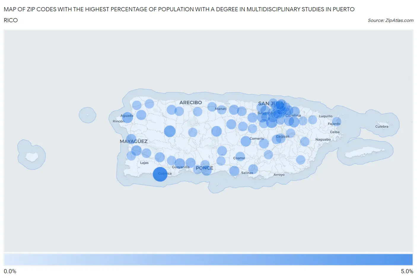 Zip Codes with the Highest Percentage of Population with a Degree in Multidisciplinary Studies in Puerto Rico Map