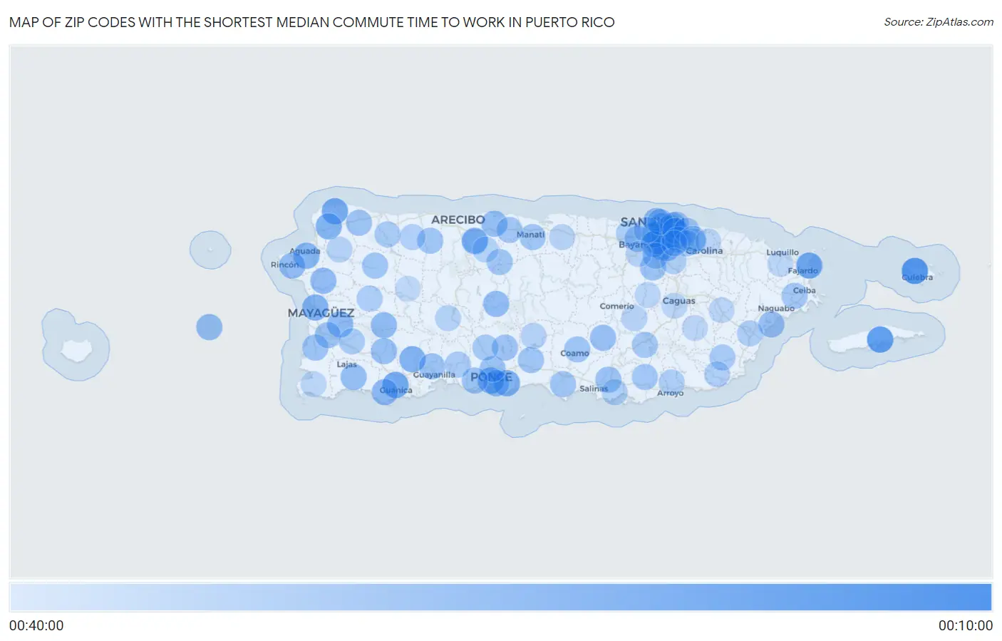 Zip Codes with the Shortest Median Commute Time to Work in Puerto Rico Map