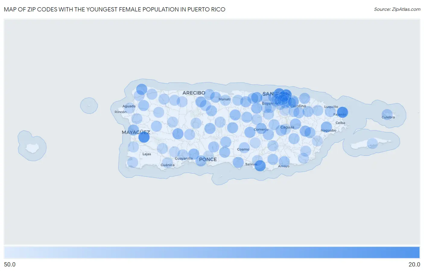 Zip Codes with the Youngest Female Population in Puerto Rico Map