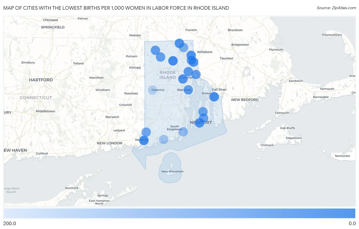 Cities with the Lowest Births per 1,000 Women in Labor Force in Rhode Island Map