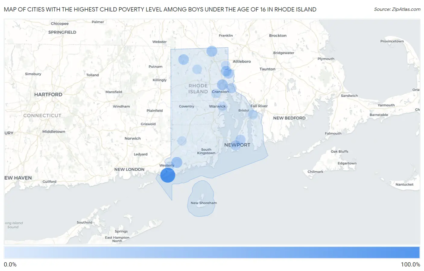 Cities with the Highest Child Poverty Level Among Boys Under the Age of 16 in Rhode Island Map