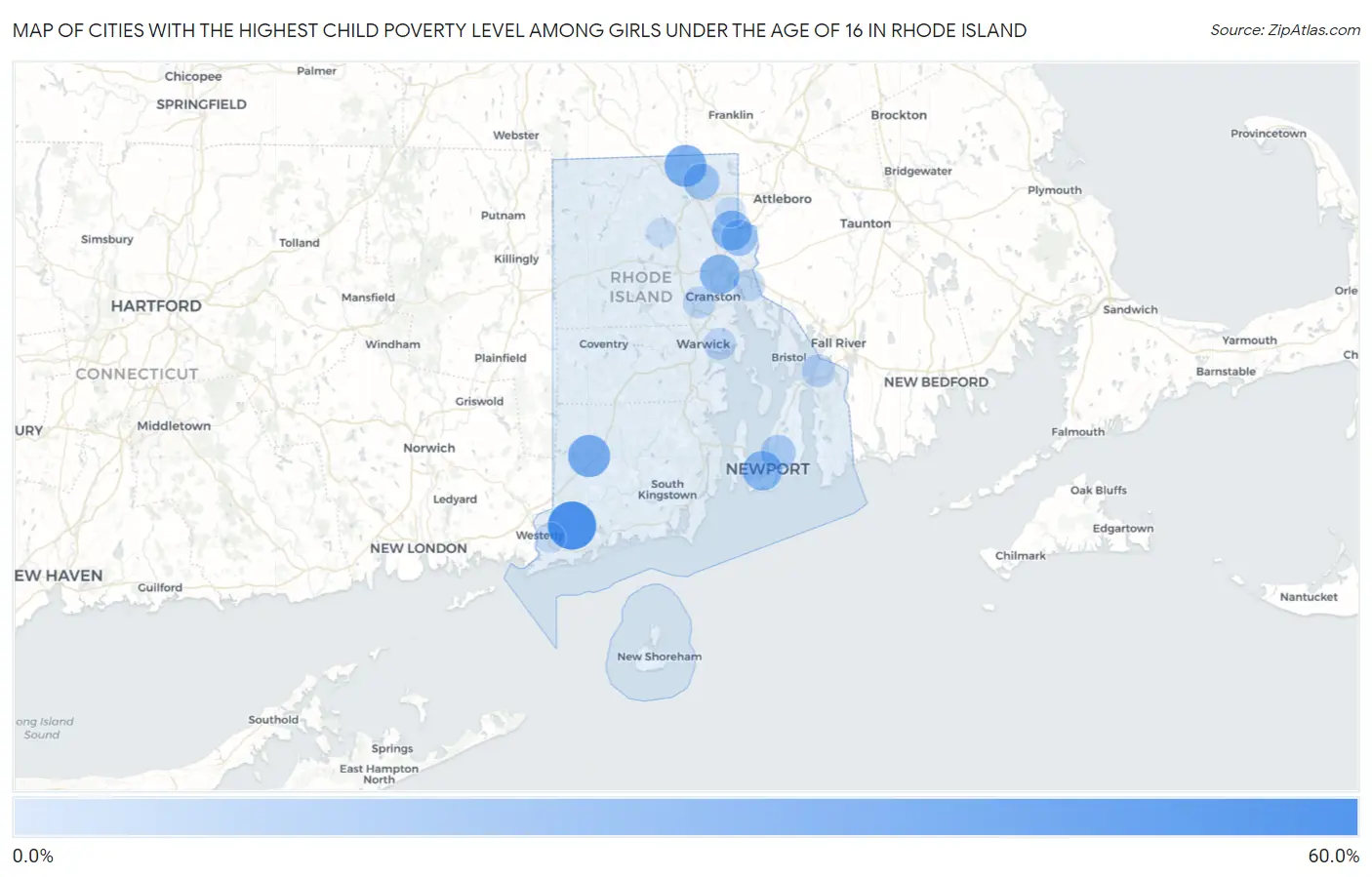 Cities with the Highest Child Poverty Level Among Girls Under the Age of 16 in Rhode Island Map