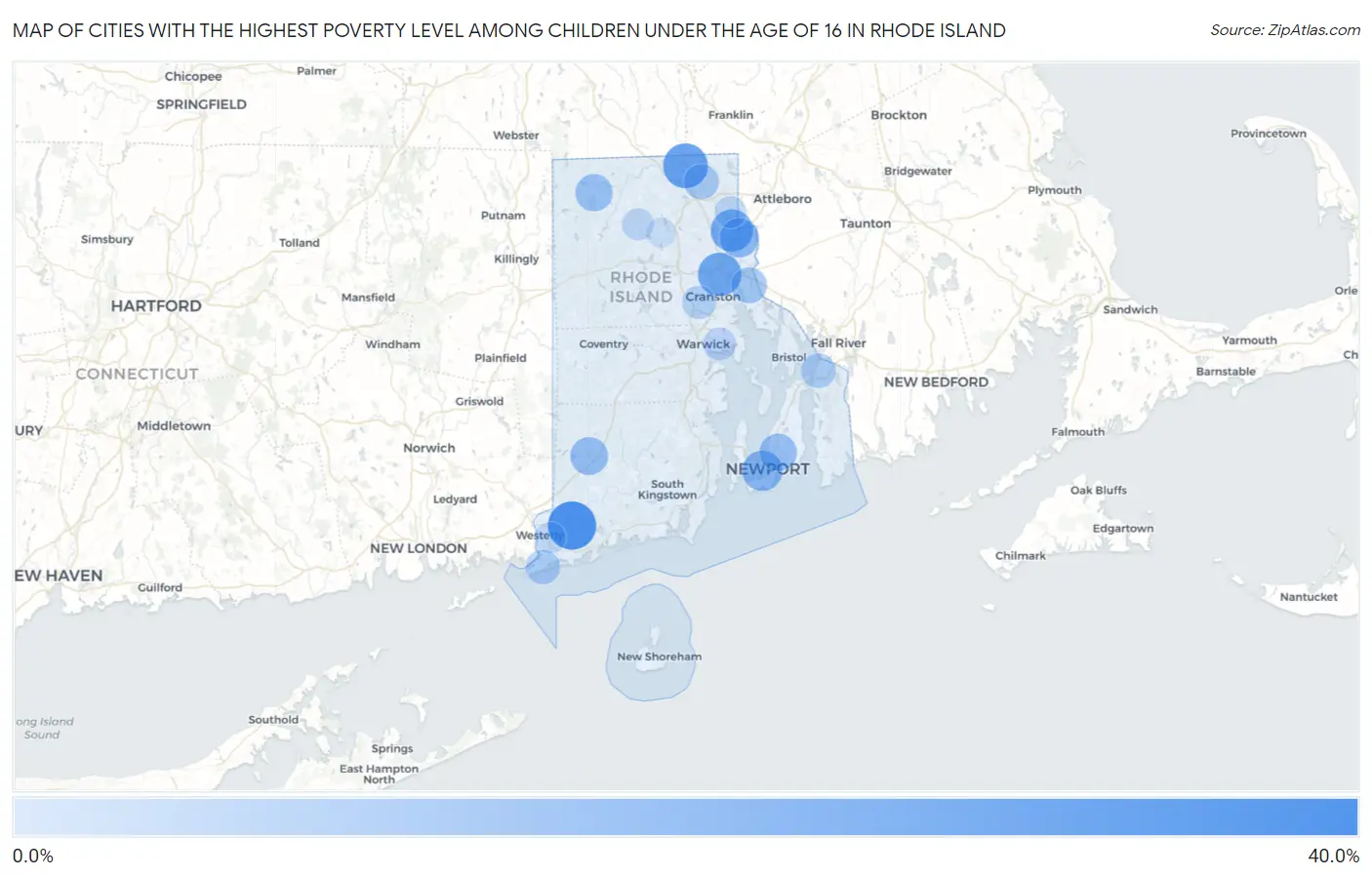 Cities with the Highest Poverty Level Among Children Under the Age of 16 in Rhode Island Map