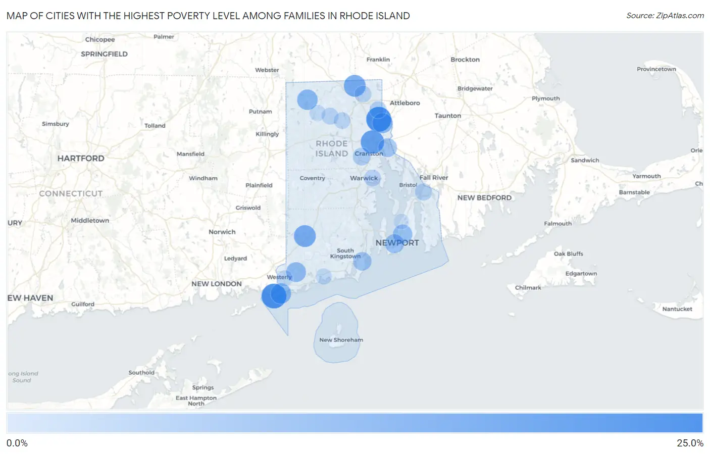 Cities with the Highest Poverty Level Among Families in Rhode Island Map