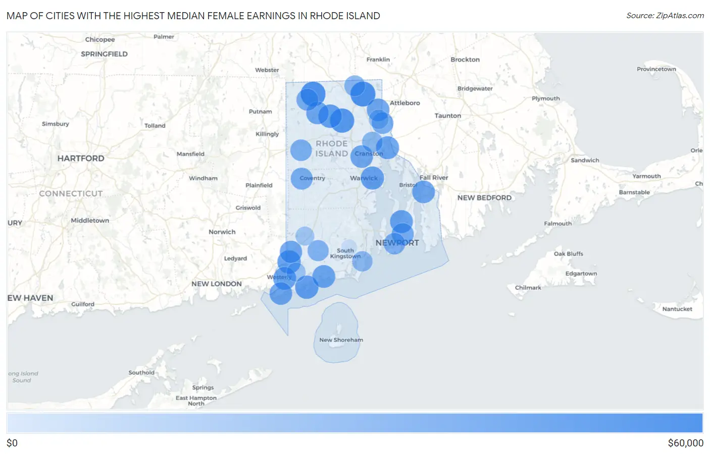 Cities with the Highest Median Female Earnings in Rhode Island Map