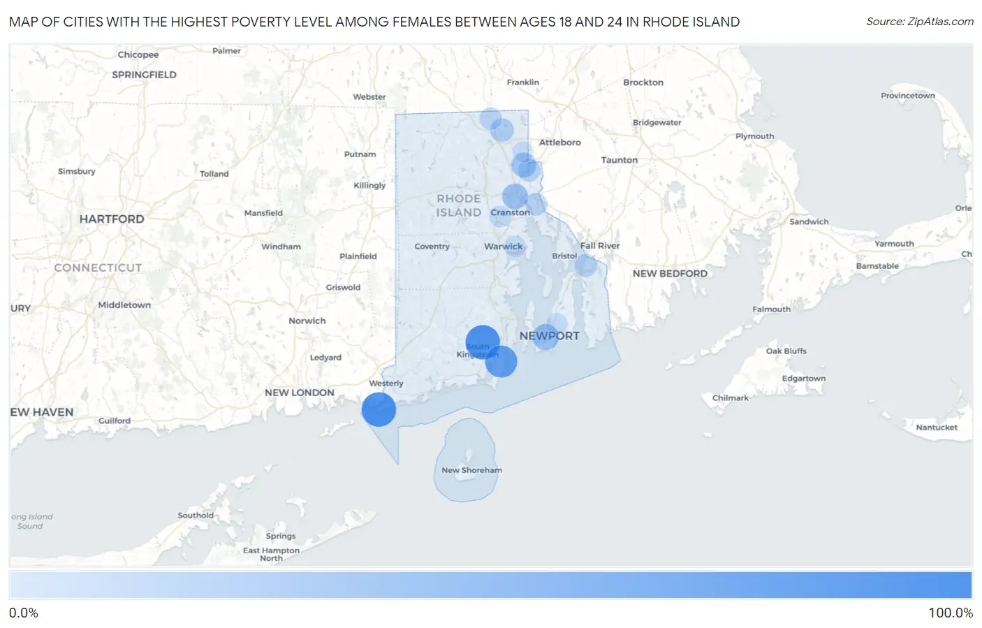 Cities with the Highest Poverty Level Among Females Between Ages 18 and 24 in Rhode Island Map