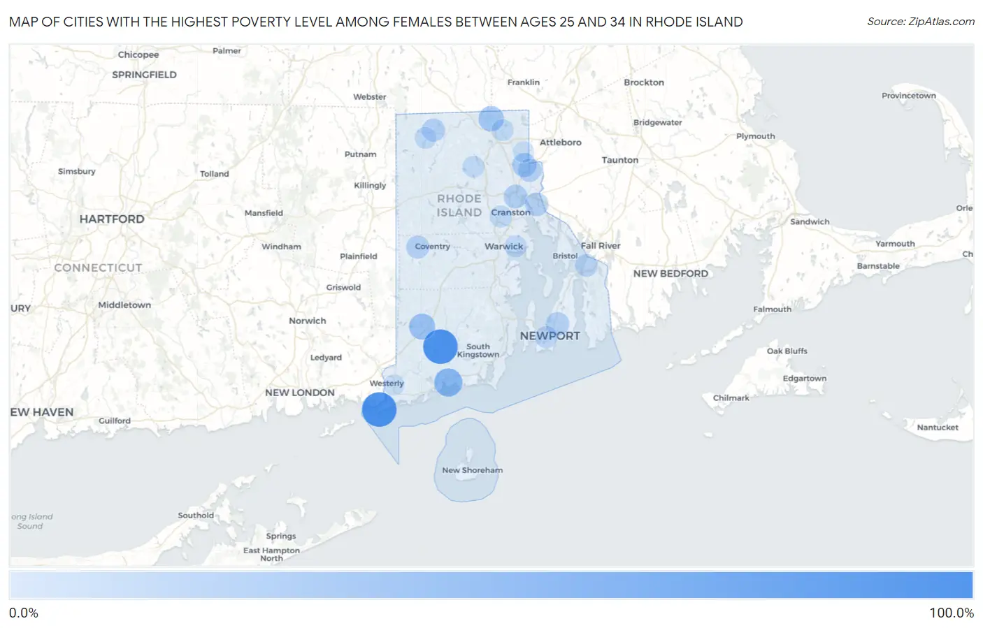 Cities with the Highest Poverty Level Among Females Between Ages 25 and 34 in Rhode Island Map