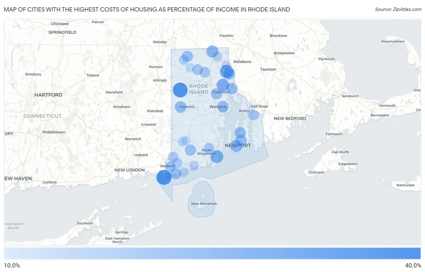 Cities with the Highest Costs of Housing as Percentage of Income in Rhode Island Map