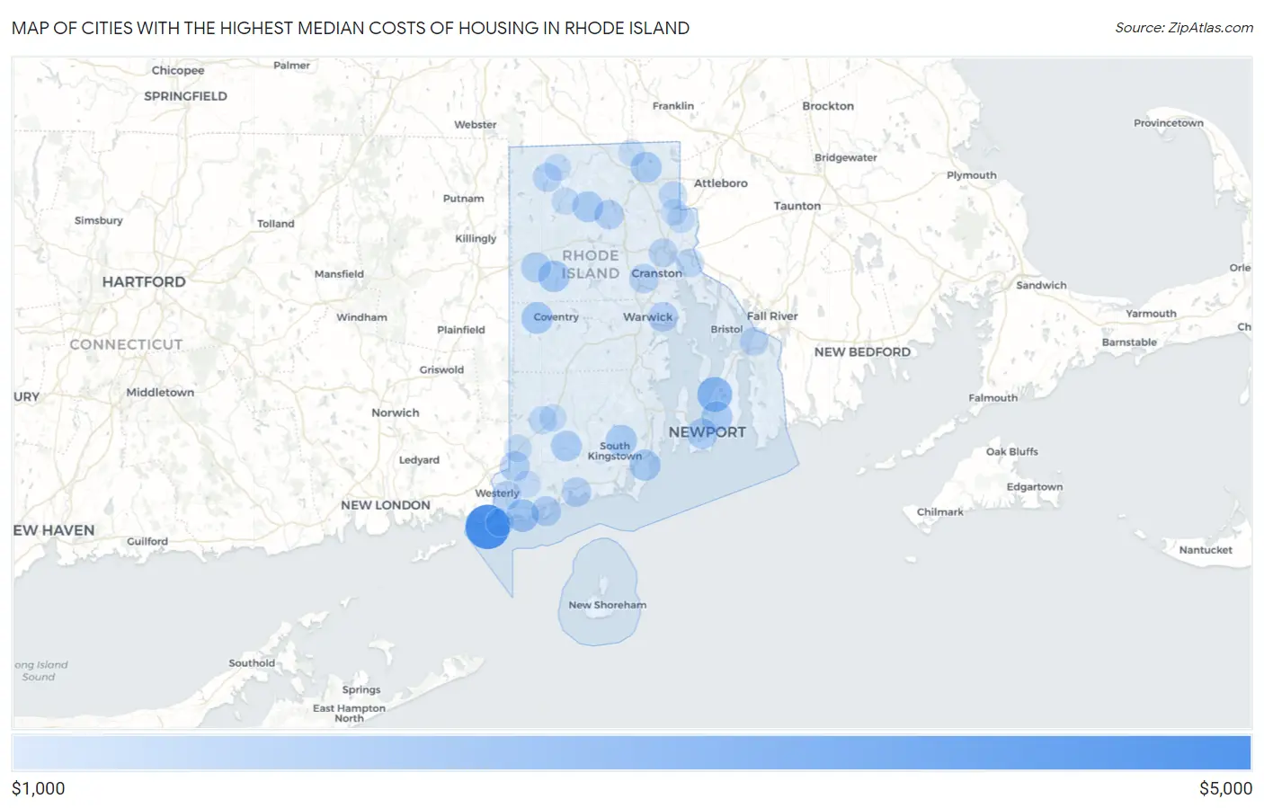 Cities with the Highest Median Costs of Housing in Rhode Island Map