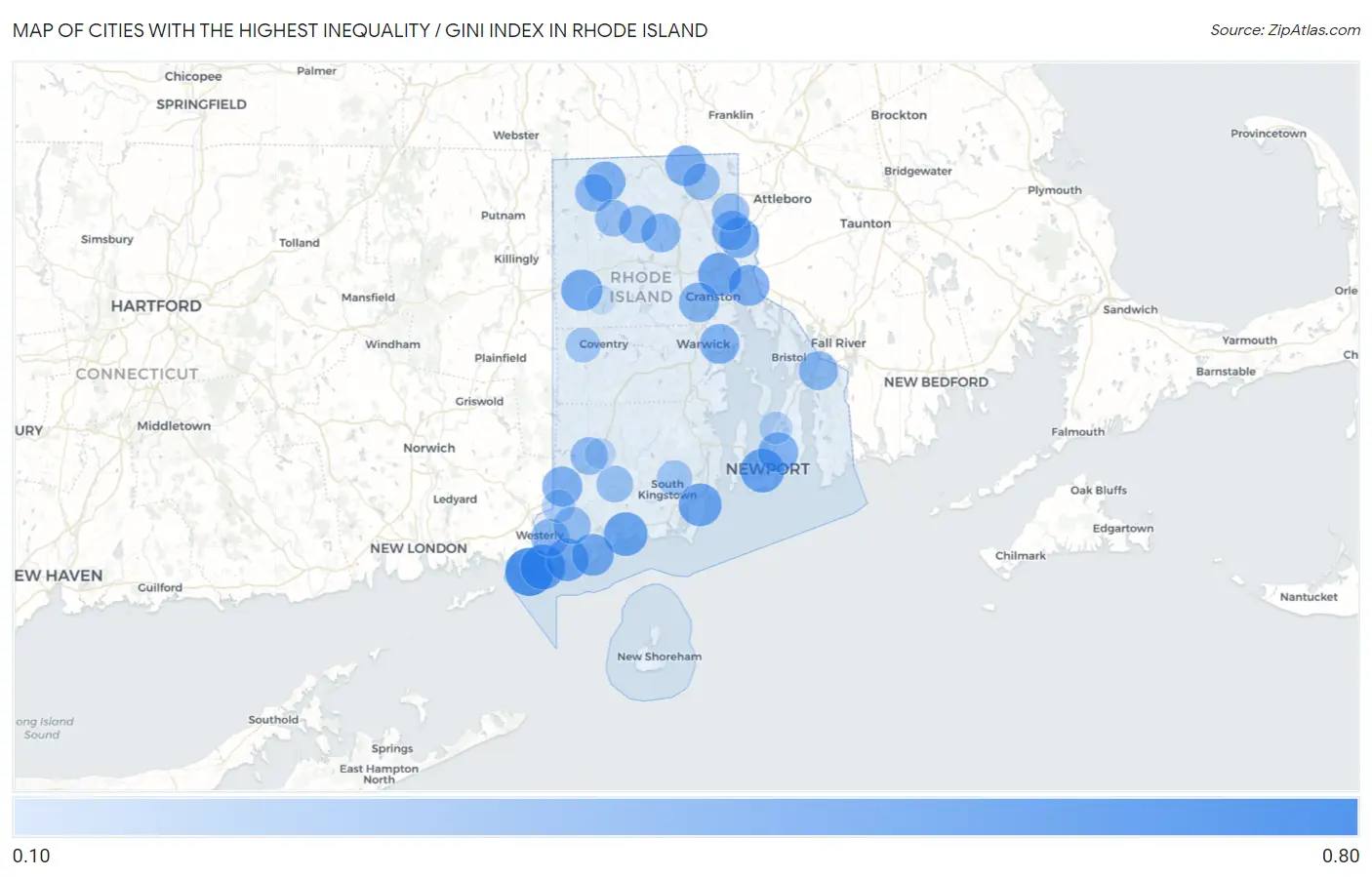 Cities with the Highest Inequality / Gini Index in Rhode Island Map