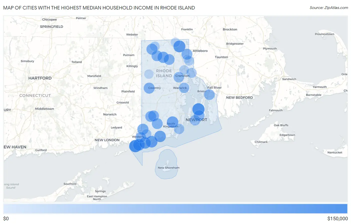 Cities with the Highest Median Household Income in Rhode Island Map