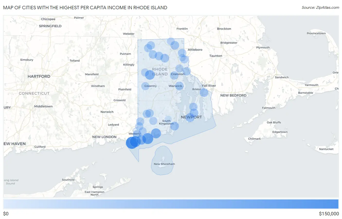 Cities with the Highest Per Capita Income in Rhode Island Map