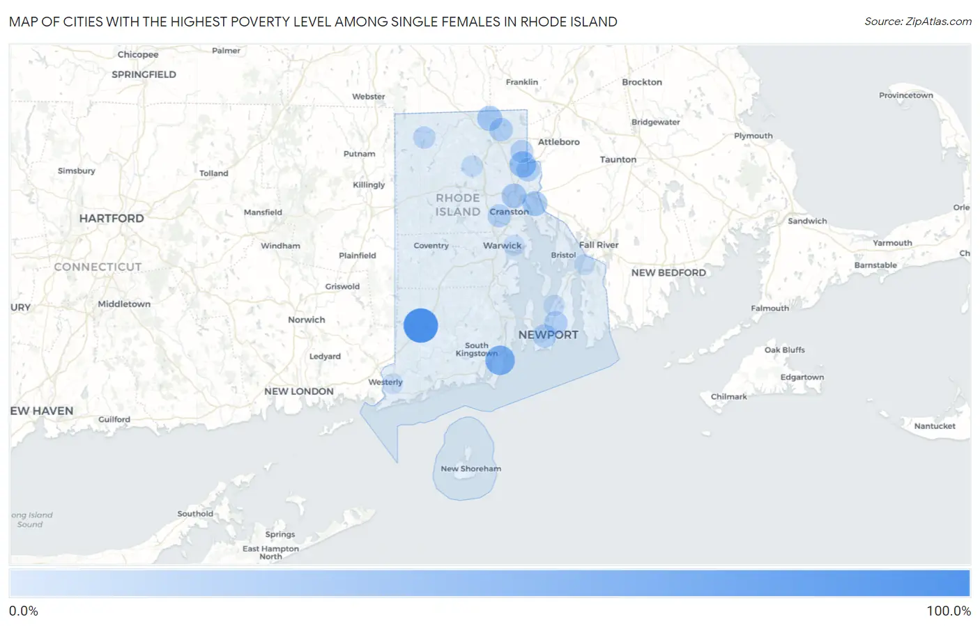 Cities with the Highest Poverty Level Among Single Females in Rhode Island Map