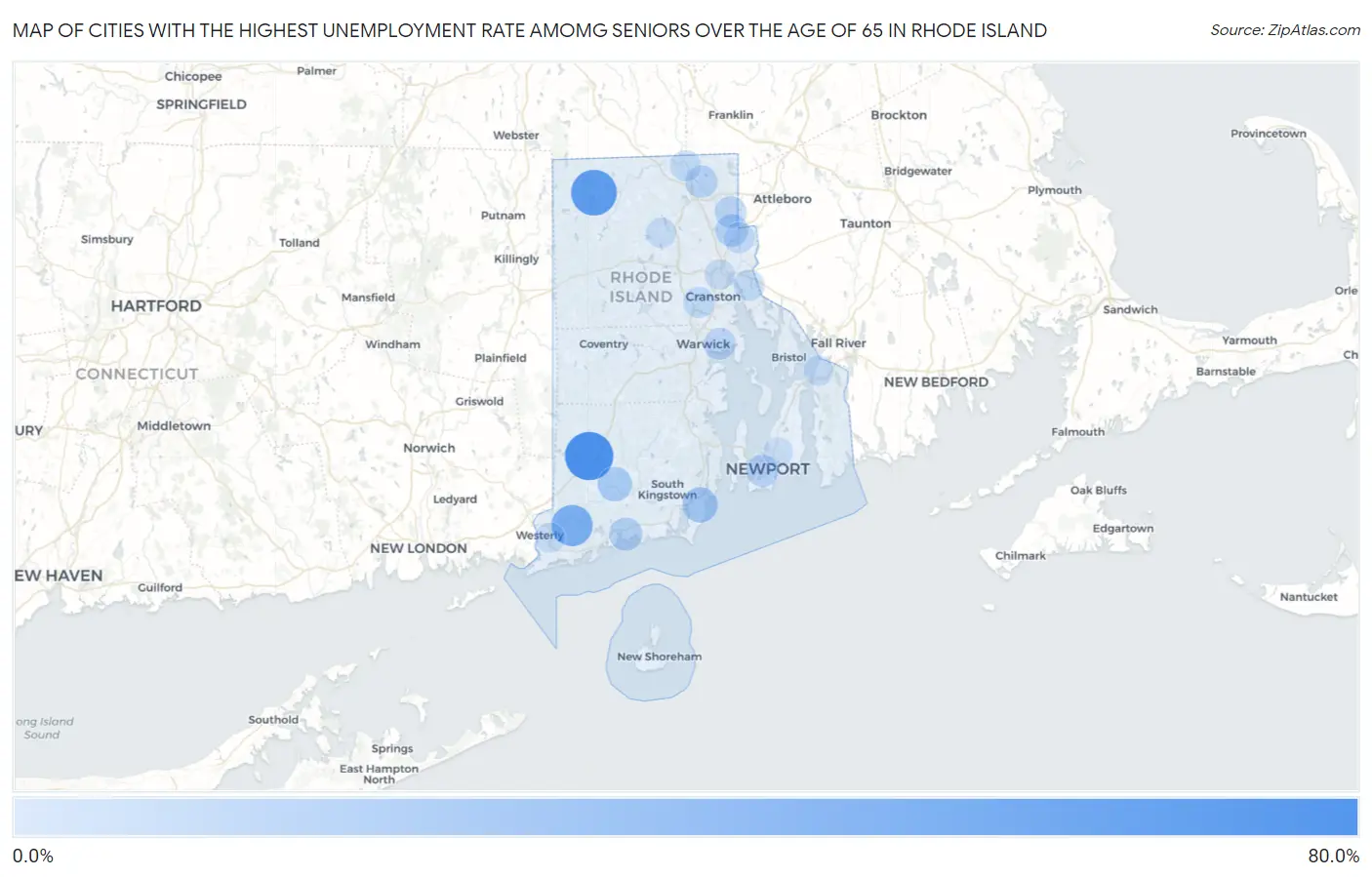 Cities with the Highest Unemployment Rate Amomg Seniors Over the Age of 65 in Rhode Island Map