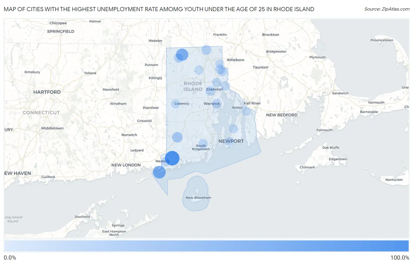 Cities with the Highest Unemployment Rate Amomg Youth Under the Age of 25 in Rhode Island Map