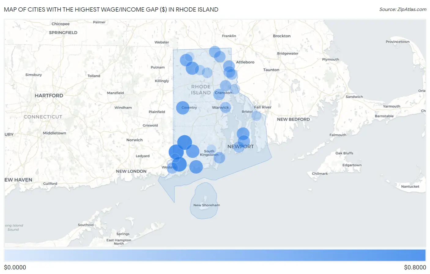 Cities with the Highest Wage/Income Gap ($) in Rhode Island Map