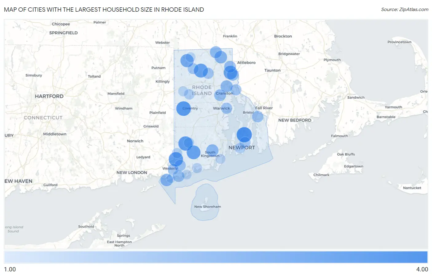 Cities with the Largest Household Size in Rhode Island Map