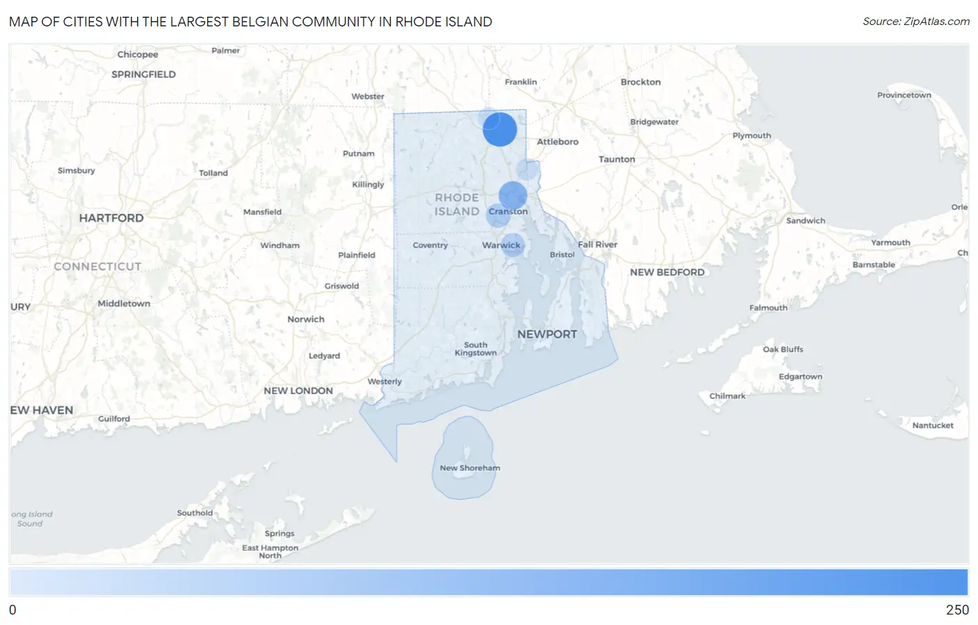 Cities with the Largest Belgian Community in Rhode Island Map