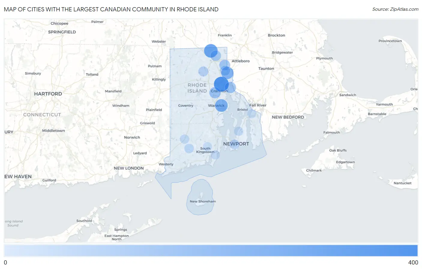 Cities with the Largest Canadian Community in Rhode Island Map