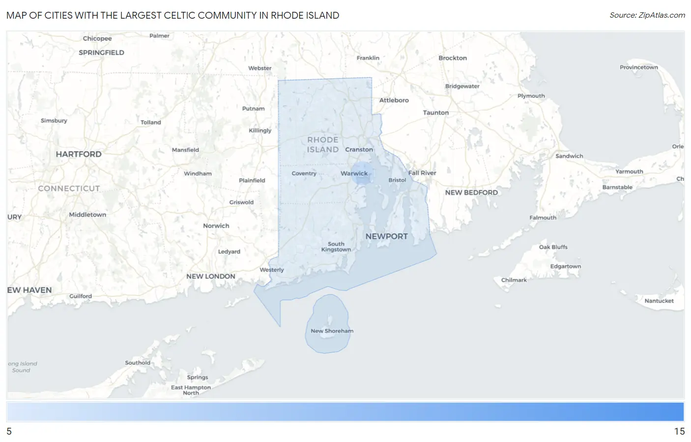 Cities with the Largest Celtic Community in Rhode Island Map