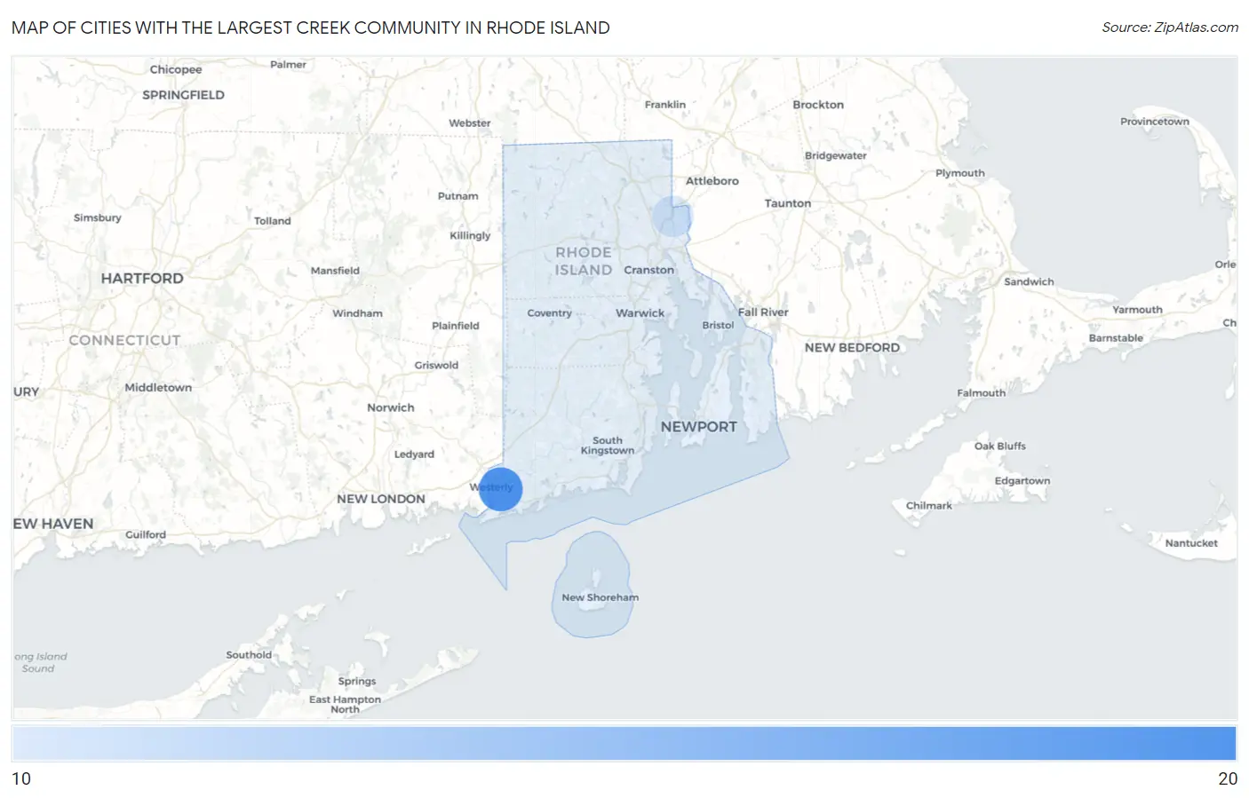Cities with the Largest Creek Community in Rhode Island Map