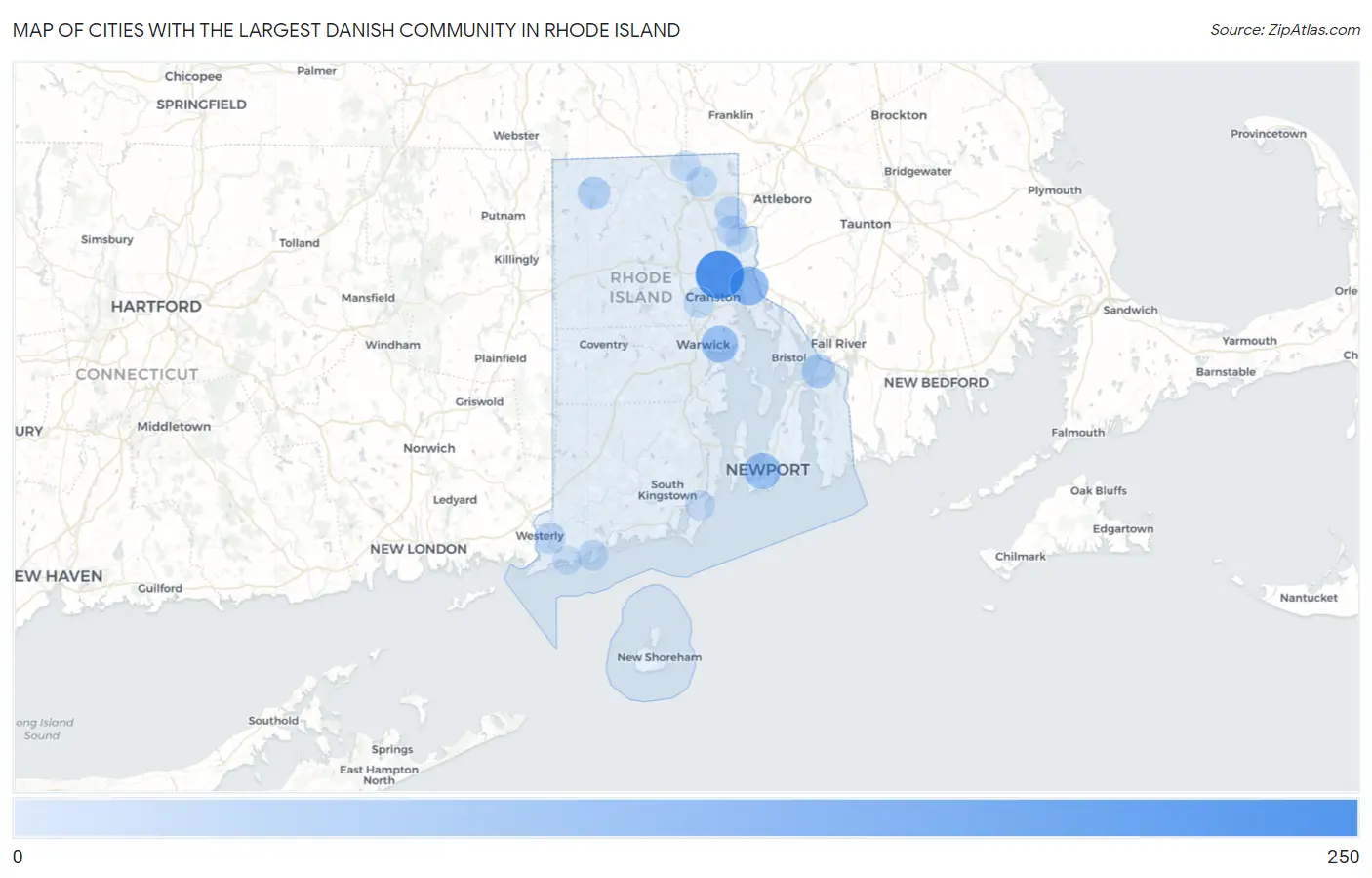 Cities with the Largest Danish Community in Rhode Island Map