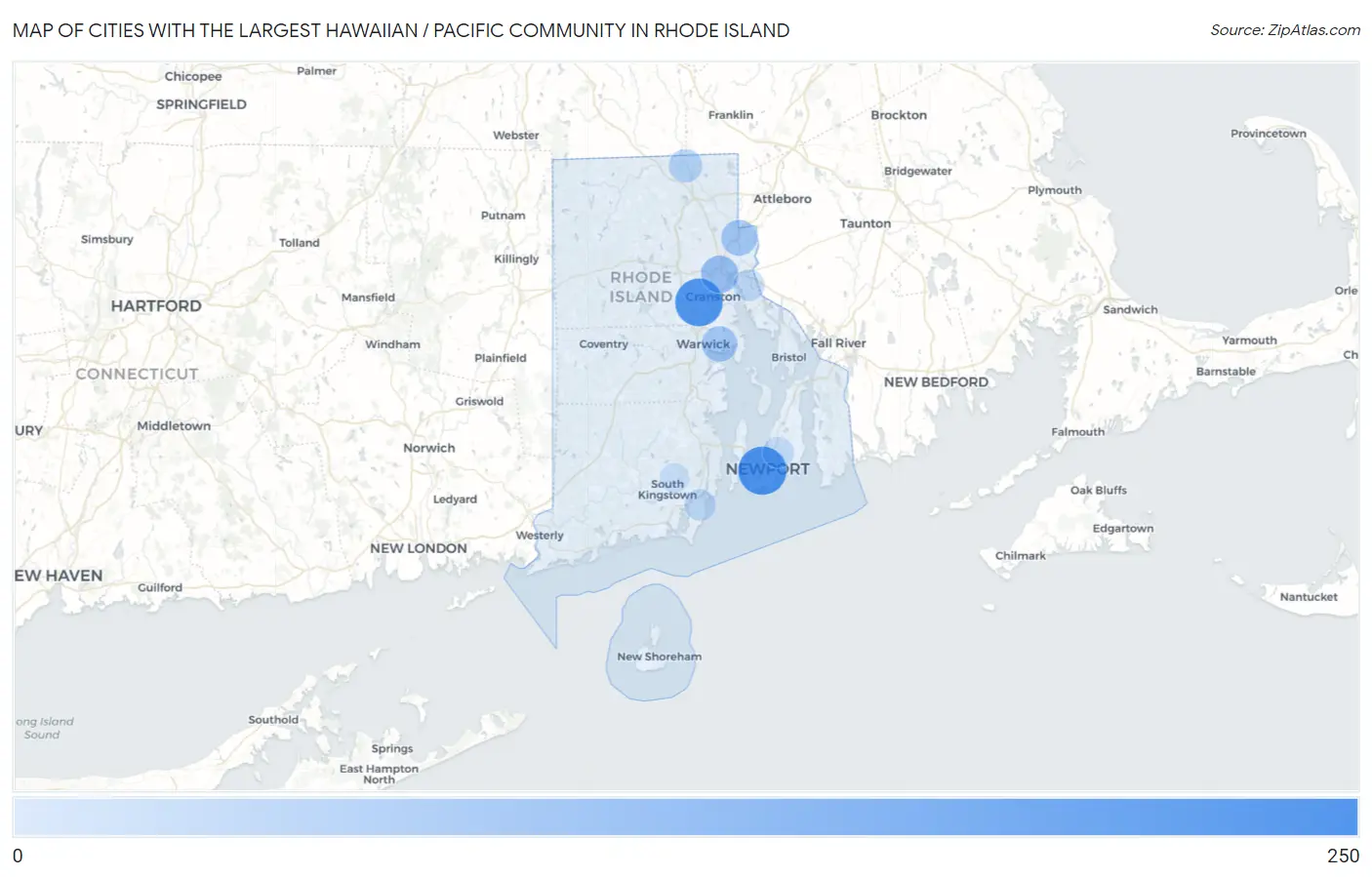 Cities with the Largest Hawaiian / Pacific Community in Rhode Island Map