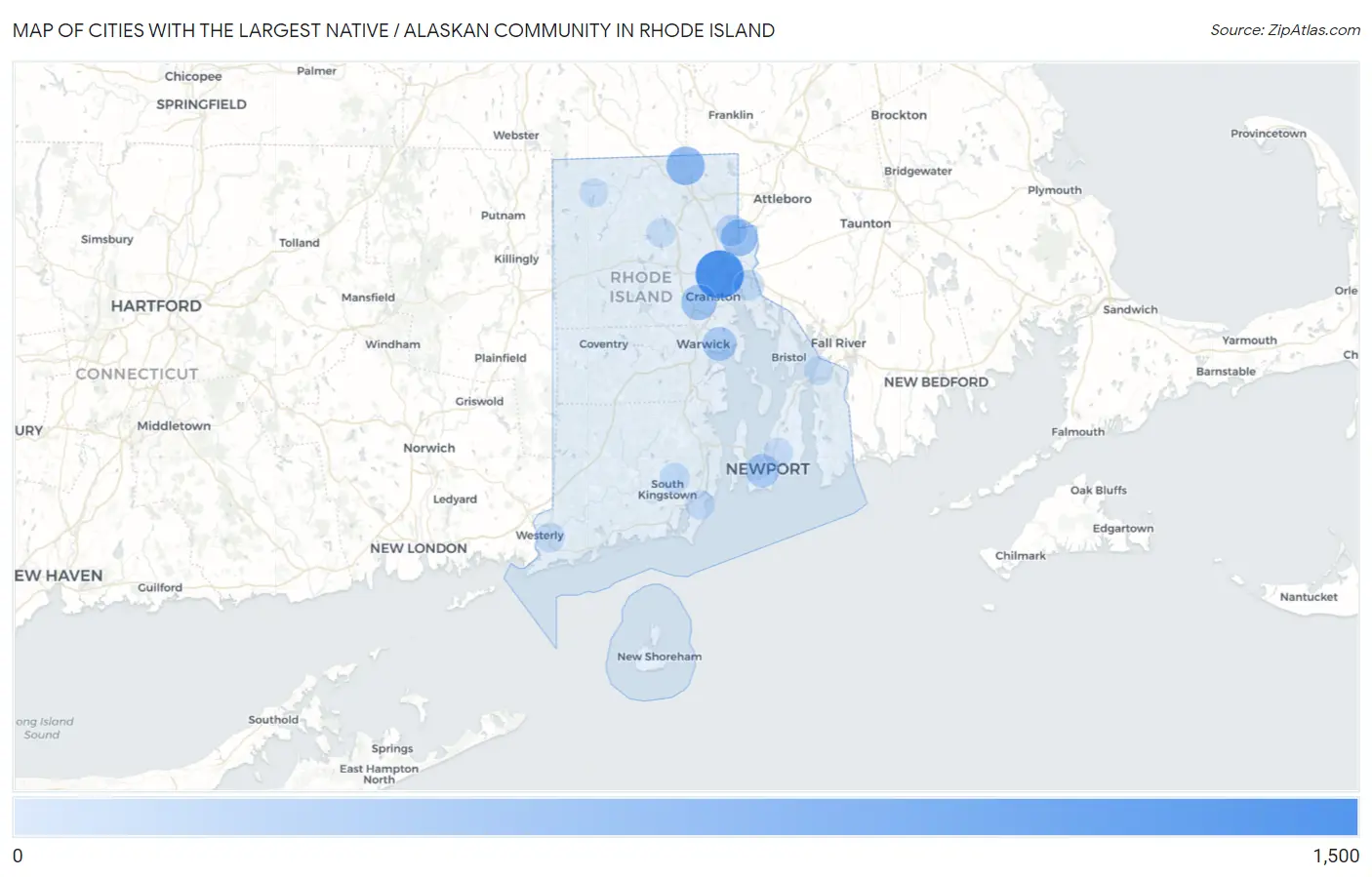 Cities with the Largest Native / Alaskan Community in Rhode Island Map