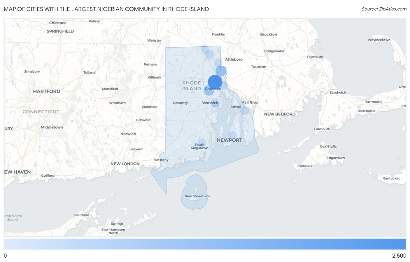 Cities with the Largest Nigerian Community in Rhode Island Map