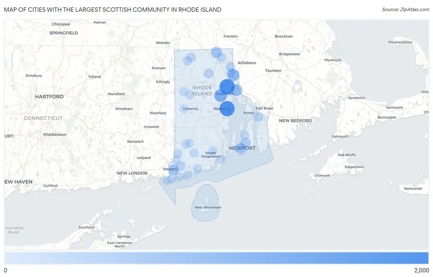 Cities with the Largest Scottish Community in Rhode Island Map