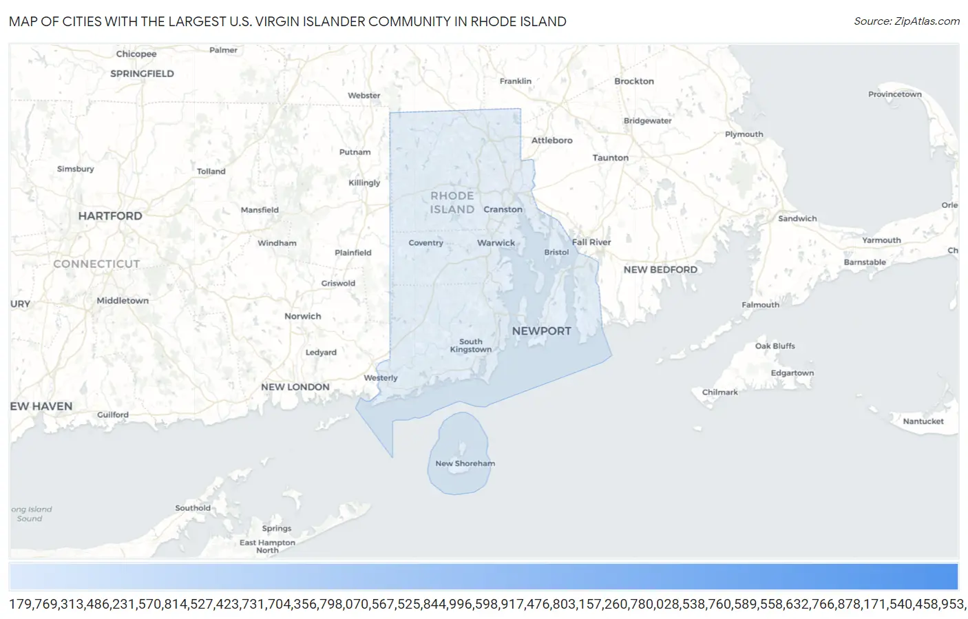 Cities with the Largest U.S. Virgin Islander Community in Rhode Island Map