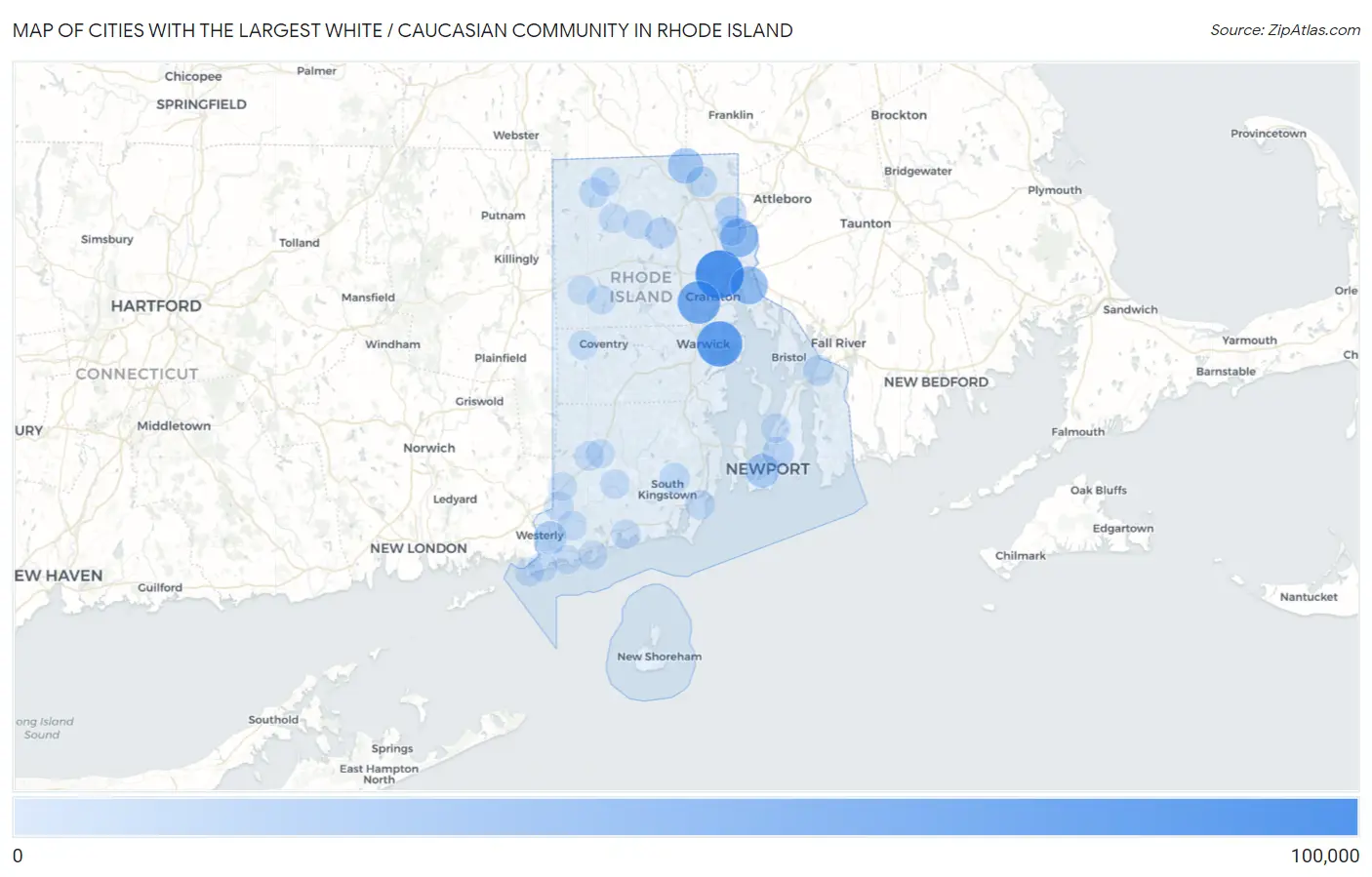 Cities with the Largest White / Caucasian Community in Rhode Island Map