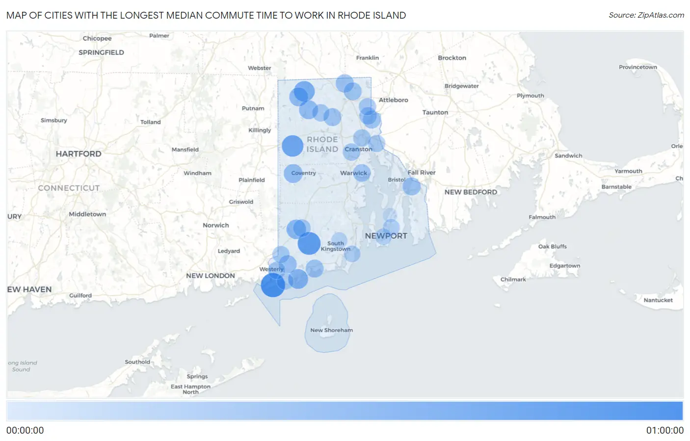 Cities with the Longest Median Commute Time to Work in Rhode Island Map