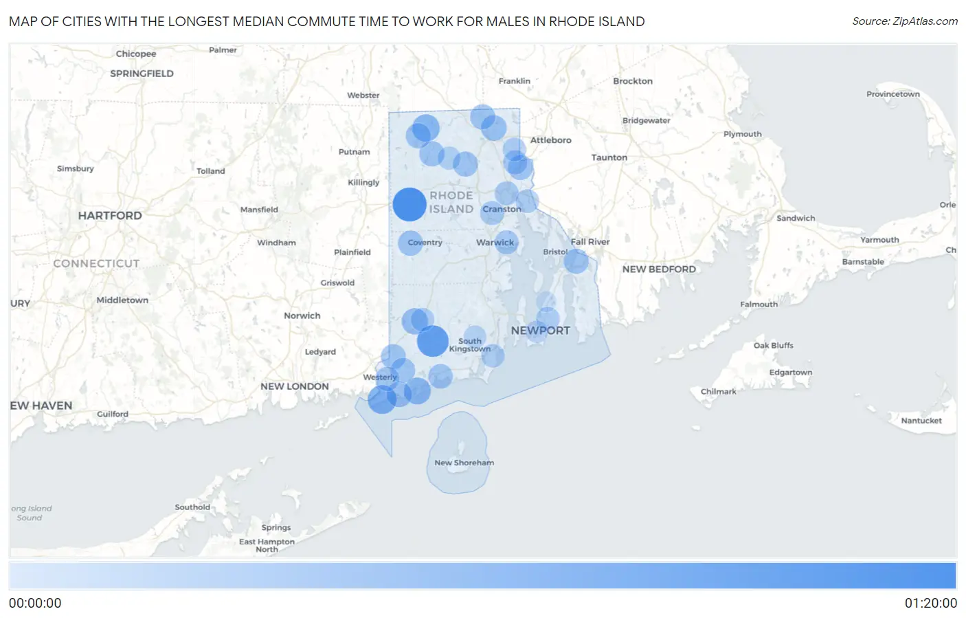 Cities with the Longest Median Commute Time to Work for Males in Rhode Island Map