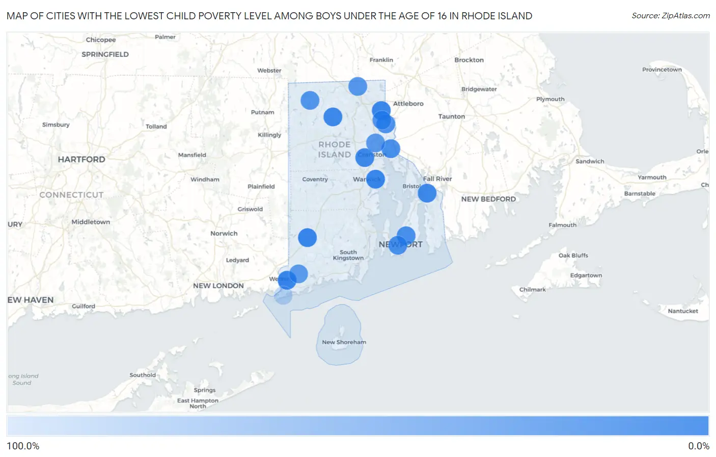 Cities with the Lowest Child Poverty Level Among Boys Under the Age of 16 in Rhode Island Map