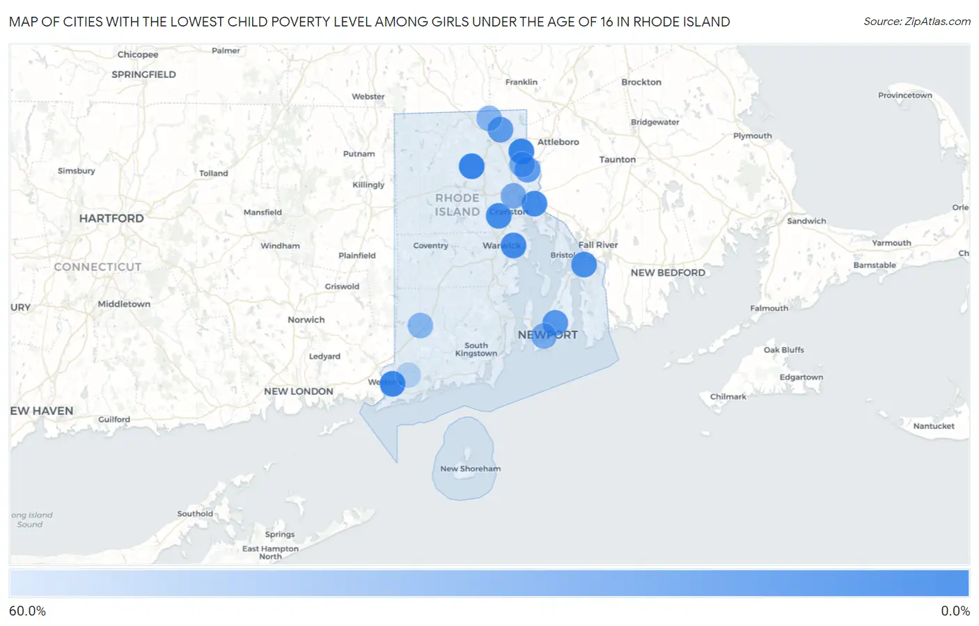 Cities with the Lowest Child Poverty Level Among Girls Under the Age of 16 in Rhode Island Map