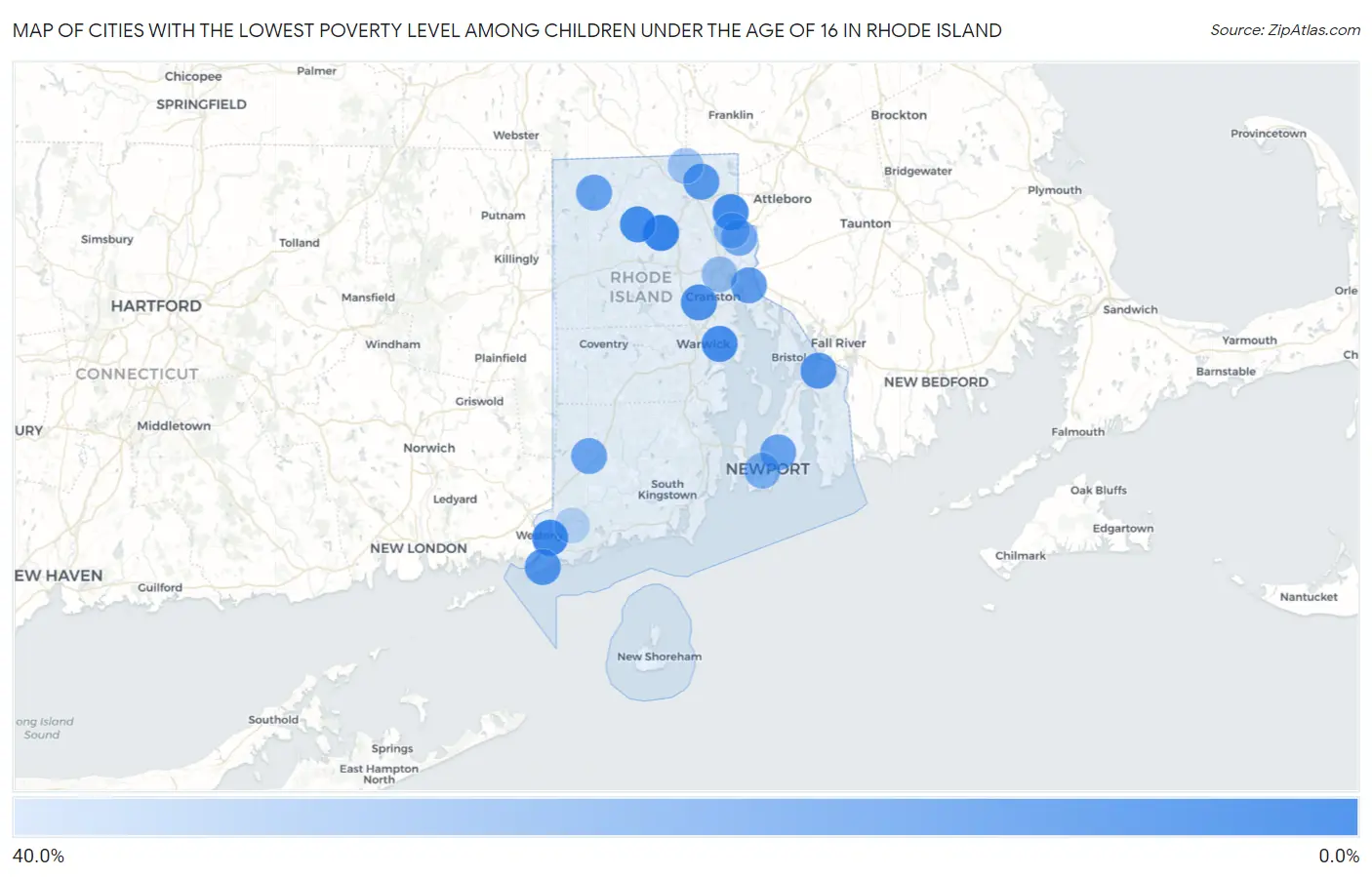 Cities with the Lowest Poverty Level Among Children Under the Age of 16 in Rhode Island Map