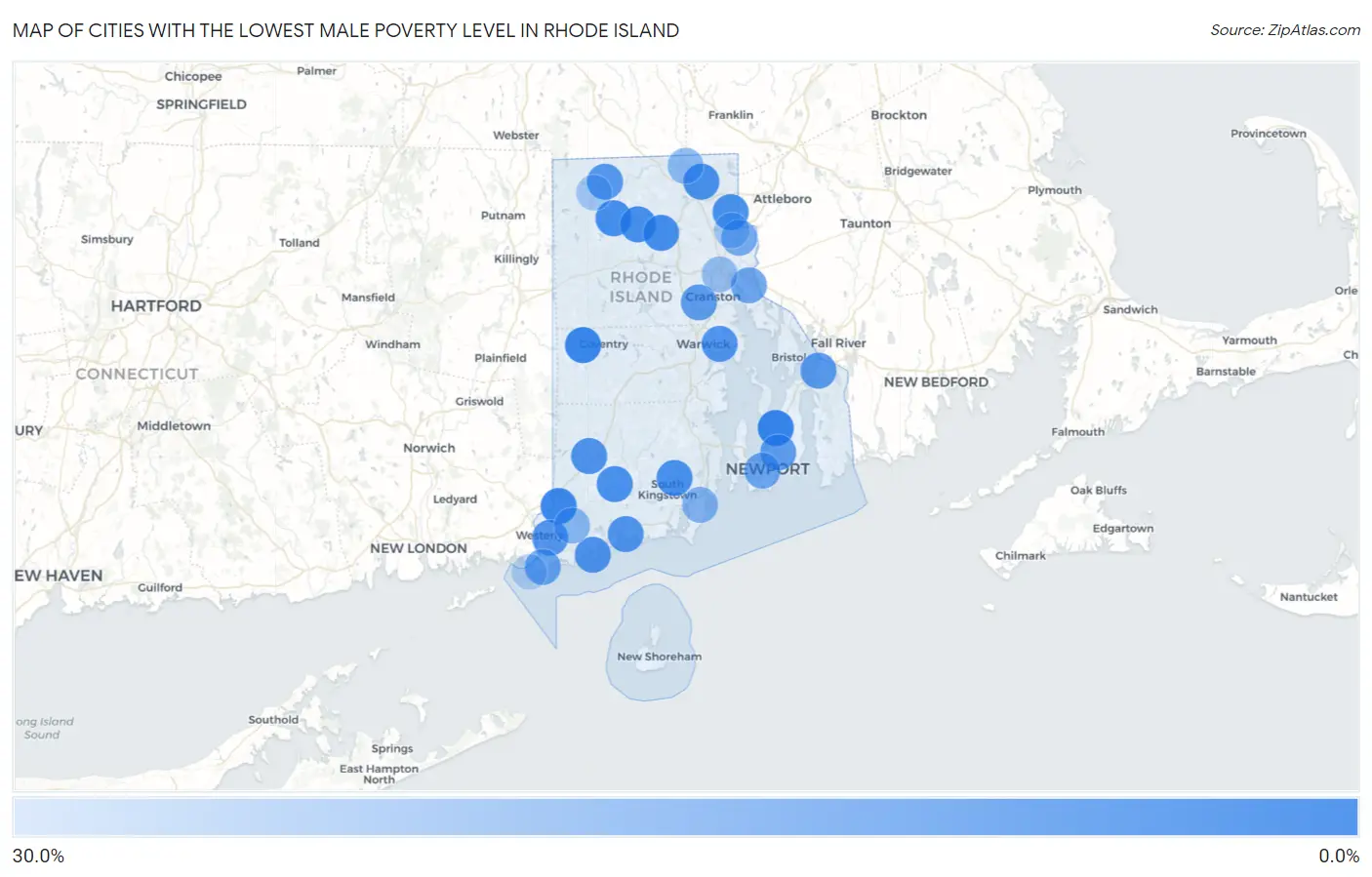 Cities with the Lowest Male Poverty Level in Rhode Island Map