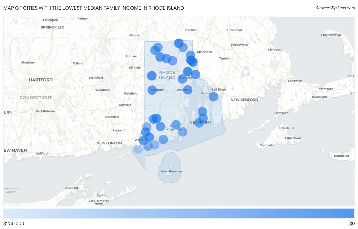 Cities with the Lowest Median Family Income in Rhode Island Map
