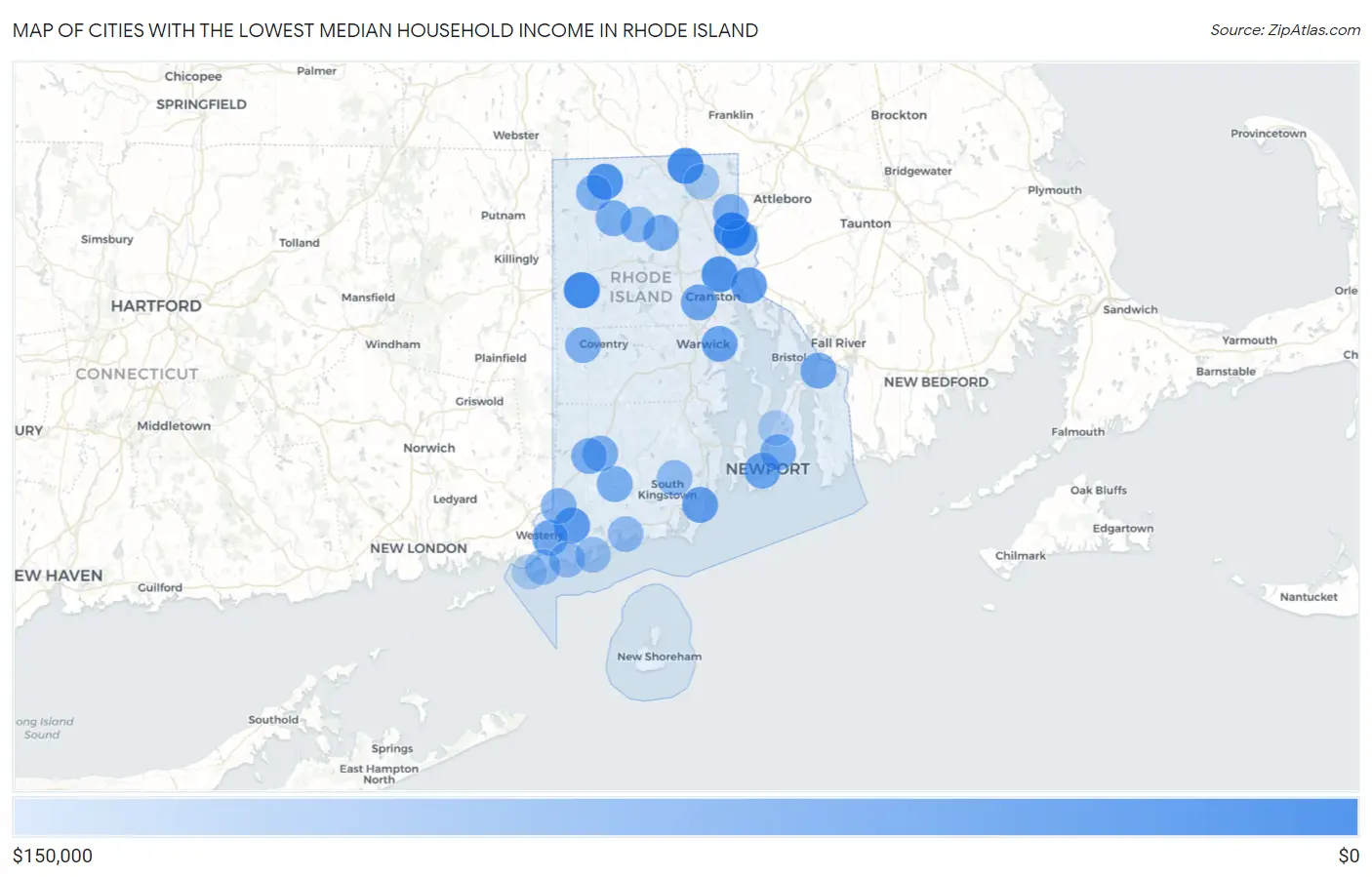Cities with the Lowest Median Household Income in Rhode Island Map