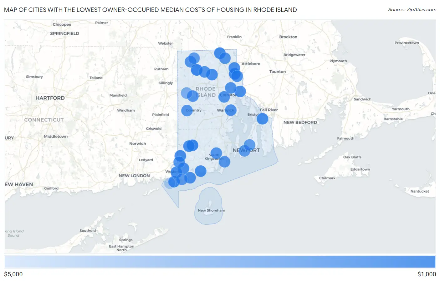 Cities with the Lowest Owner-Occupied Median Costs of Housing in Rhode Island Map