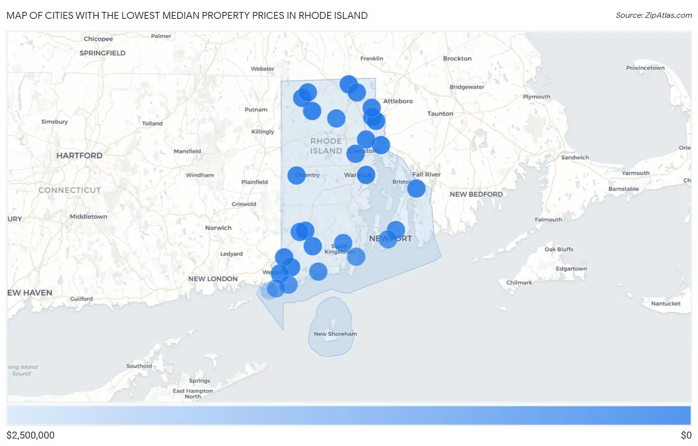 Cities with the Lowest Median Property Prices in Rhode Island Map