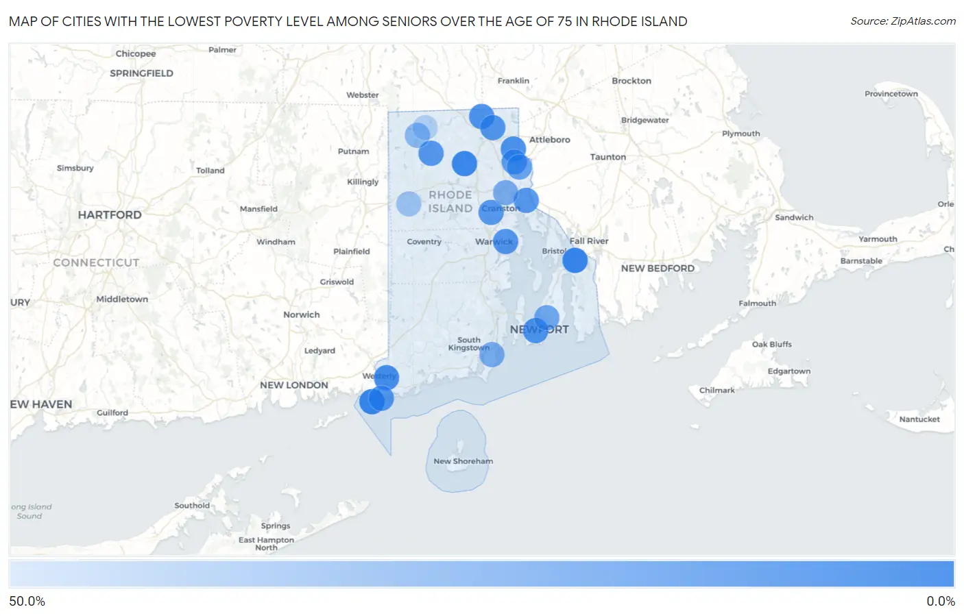 Cities with the Lowest Poverty Level Among Seniors Over the Age of 75 in Rhode Island Map