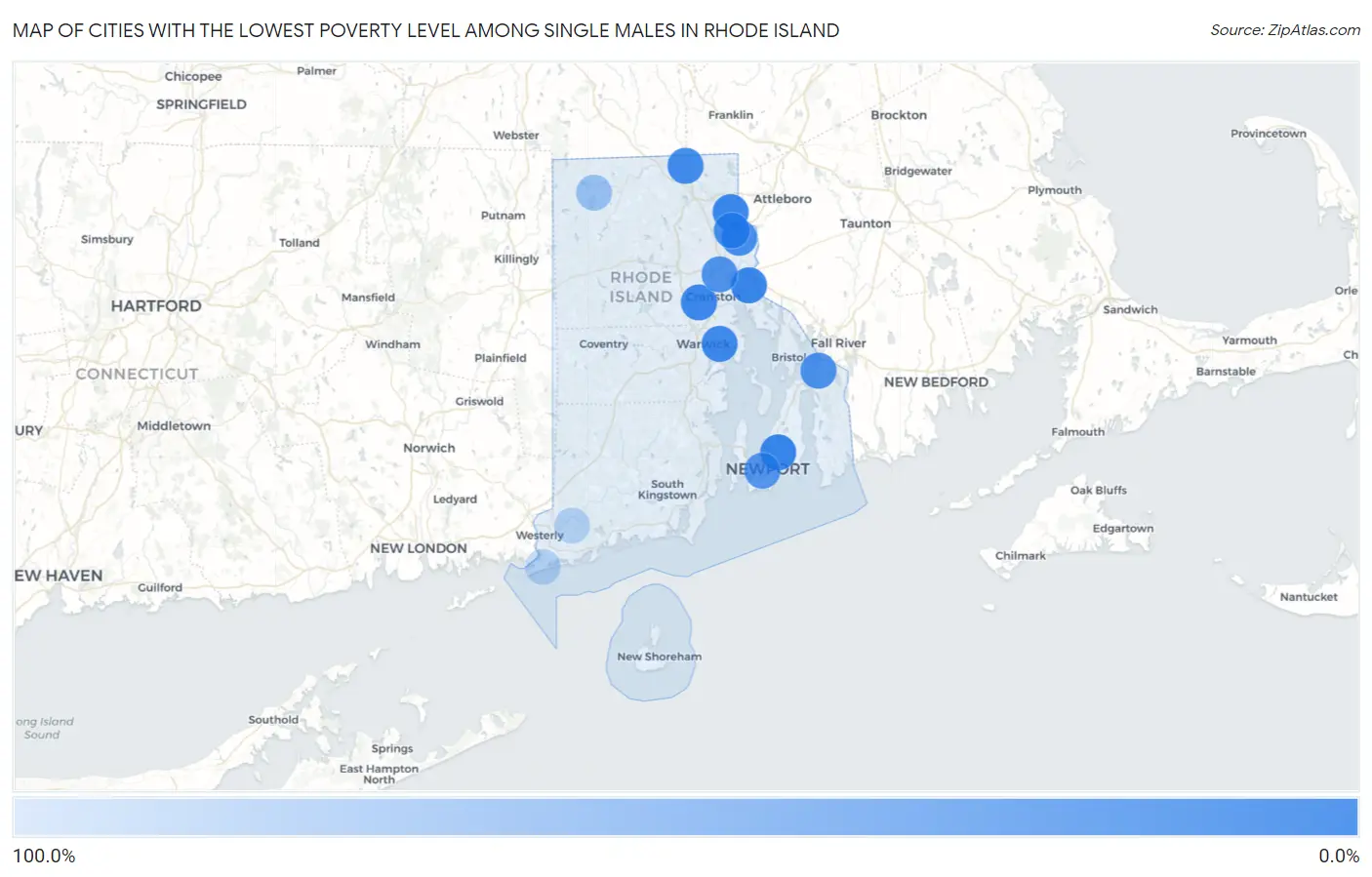 Cities with the Lowest Poverty Level Among Single Males in Rhode Island Map