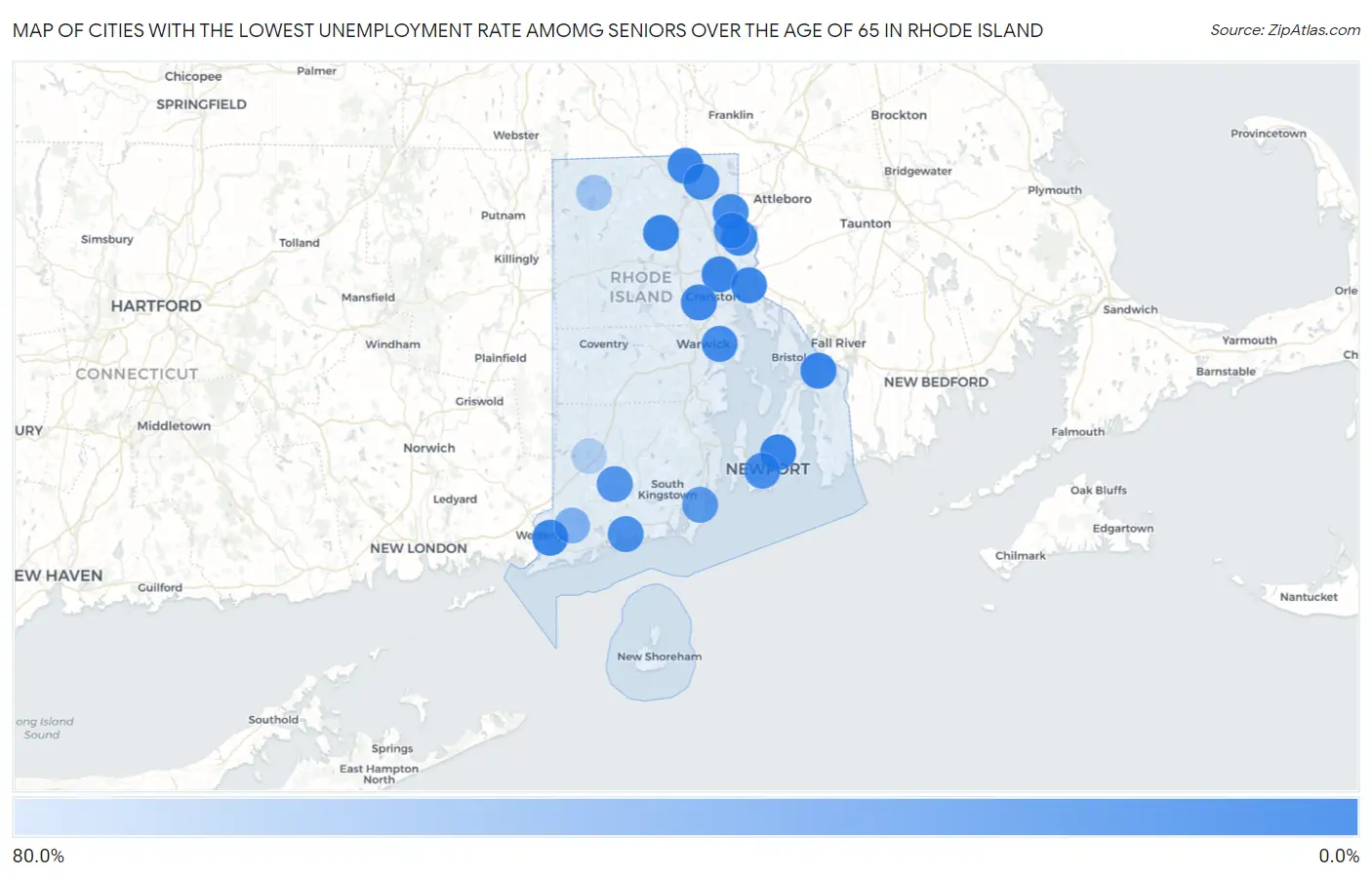 Cities with the Lowest Unemployment Rate Amomg Seniors Over the Age of 65 in Rhode Island Map