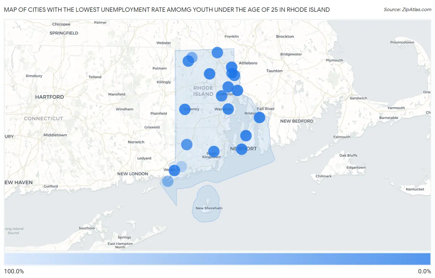 Cities with the Lowest Unemployment Rate Amomg Youth Under the Age of 25 in Rhode Island Map
