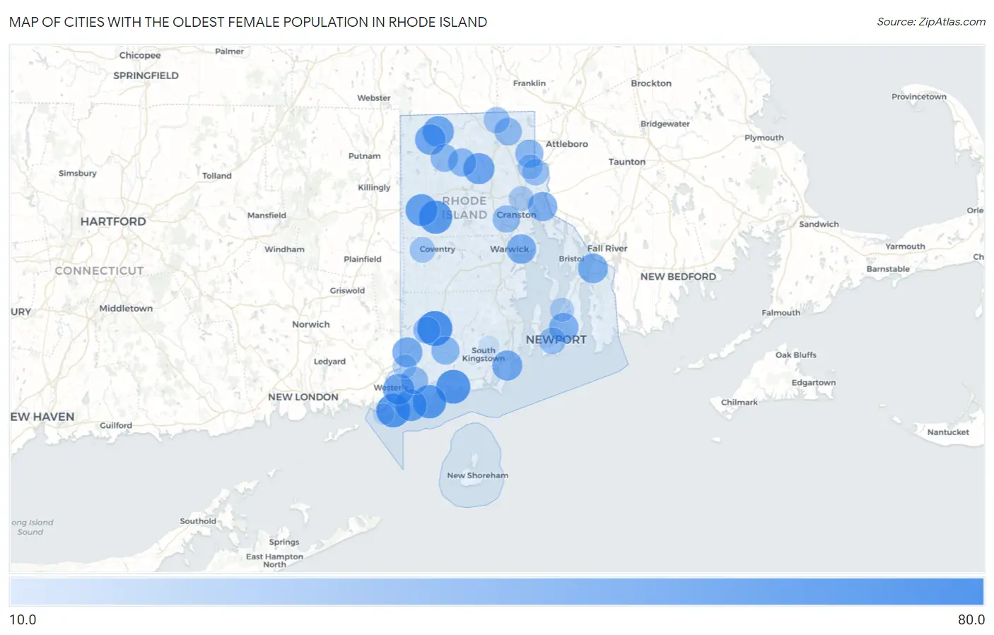 Cities with the Oldest Female Population in Rhode Island Map