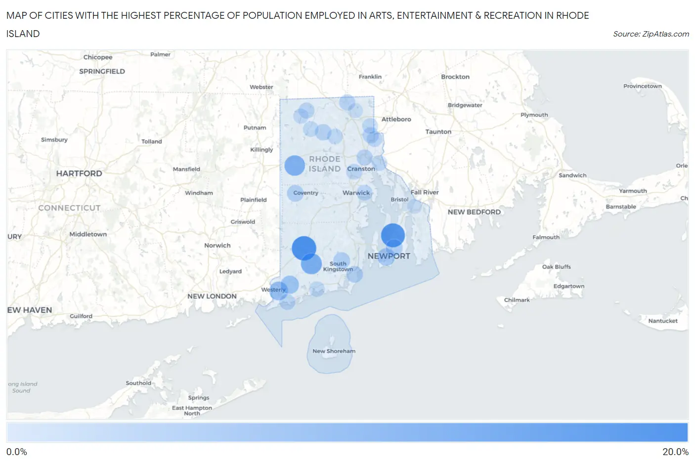 Cities with the Highest Percentage of Population Employed in Arts, Entertainment & Recreation in Rhode Island Map